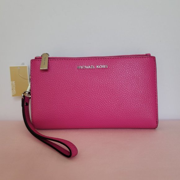 MICHAEL KORS Jet Set Double Zip Pebbled Leather Wristlet- Cerise🎈$114.⭐ - Picture 2 of 16